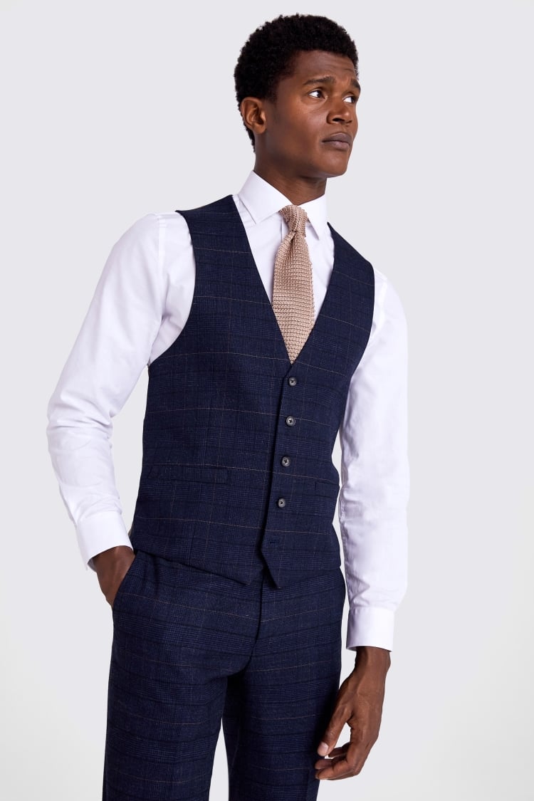 Slim Fit Navy Black Check Waistcoat